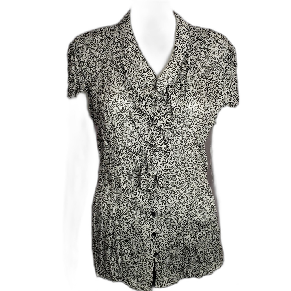NWT Violet & Claire B&W Swirl Pattern Ruffled Neck Sleeveless Blouse, Size XL
